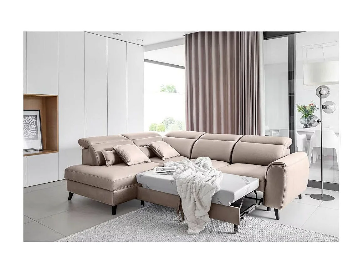 Canapé d'angle convertible avec rangement velours NOBLESSE - Pieds bois noir-Taupe-angle gauche