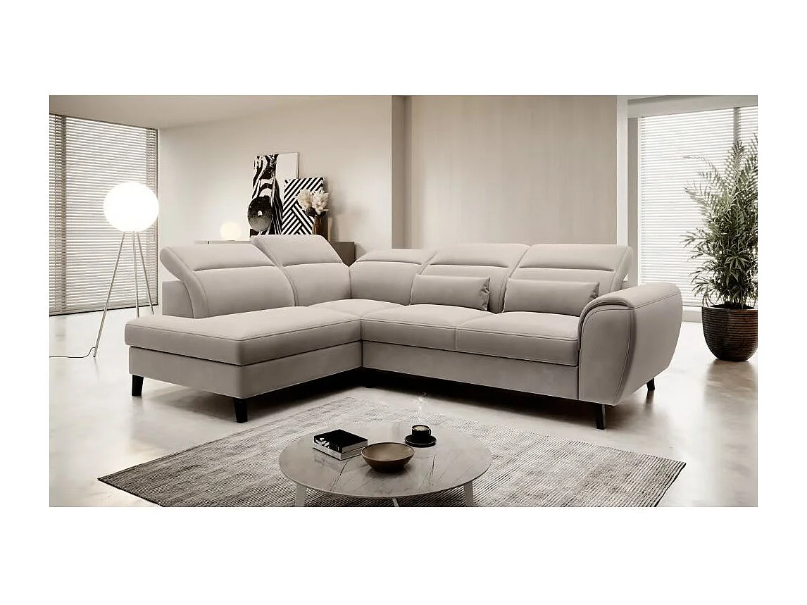 Canapé d'angle convertible avec rangement velours NOBLESSE - Pieds bois noir-Taupe-angle gauche