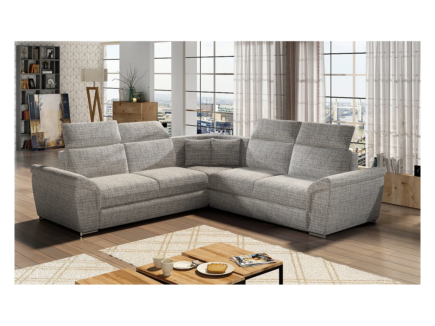 Canapé d'angle réversible et convertible tissu Neo - Pieds acier chromé-Gris clair chiné