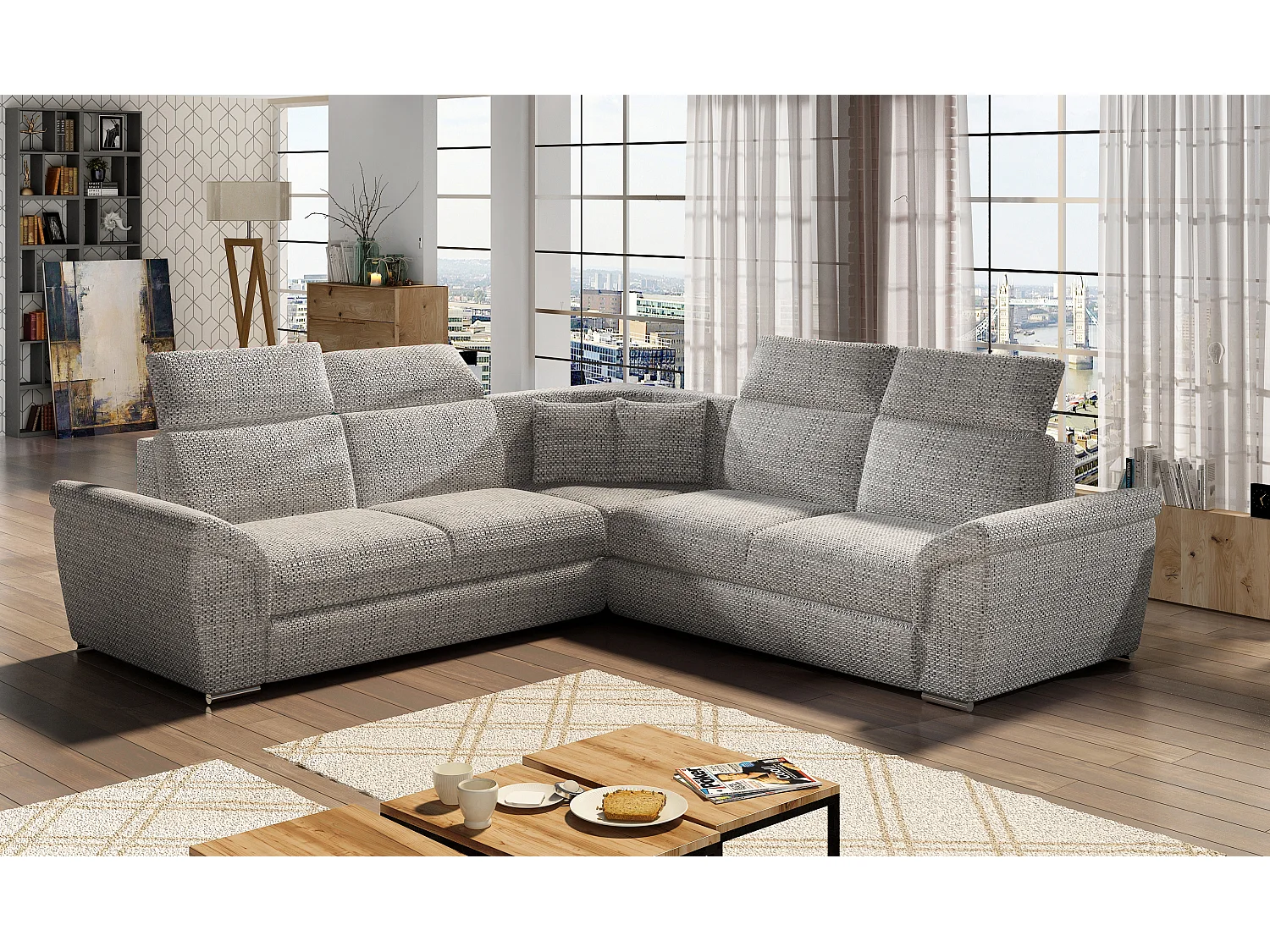 Canapé d'angle réversible et convertible tissu Neo - Pieds acier chromé-Gris clair chiné