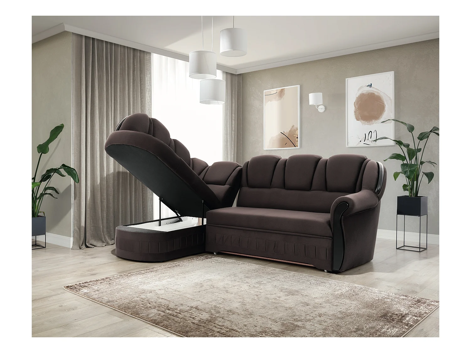 Canapé d'angle convertible avec rangement en velours Majesté-Marron-angle gauche