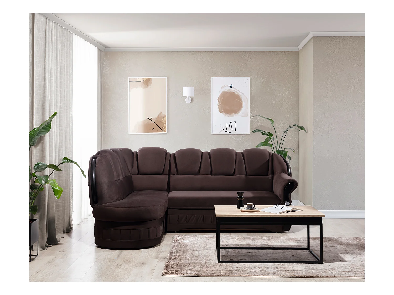 Canapé d'angle convertible avec rangement en velours Majesté-Marron-angle gauche