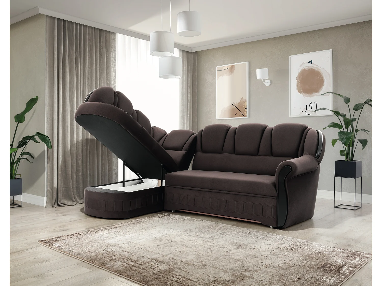 Canapé d'angle convertible avec rangement en velours Majesté-Marron-angle gauche