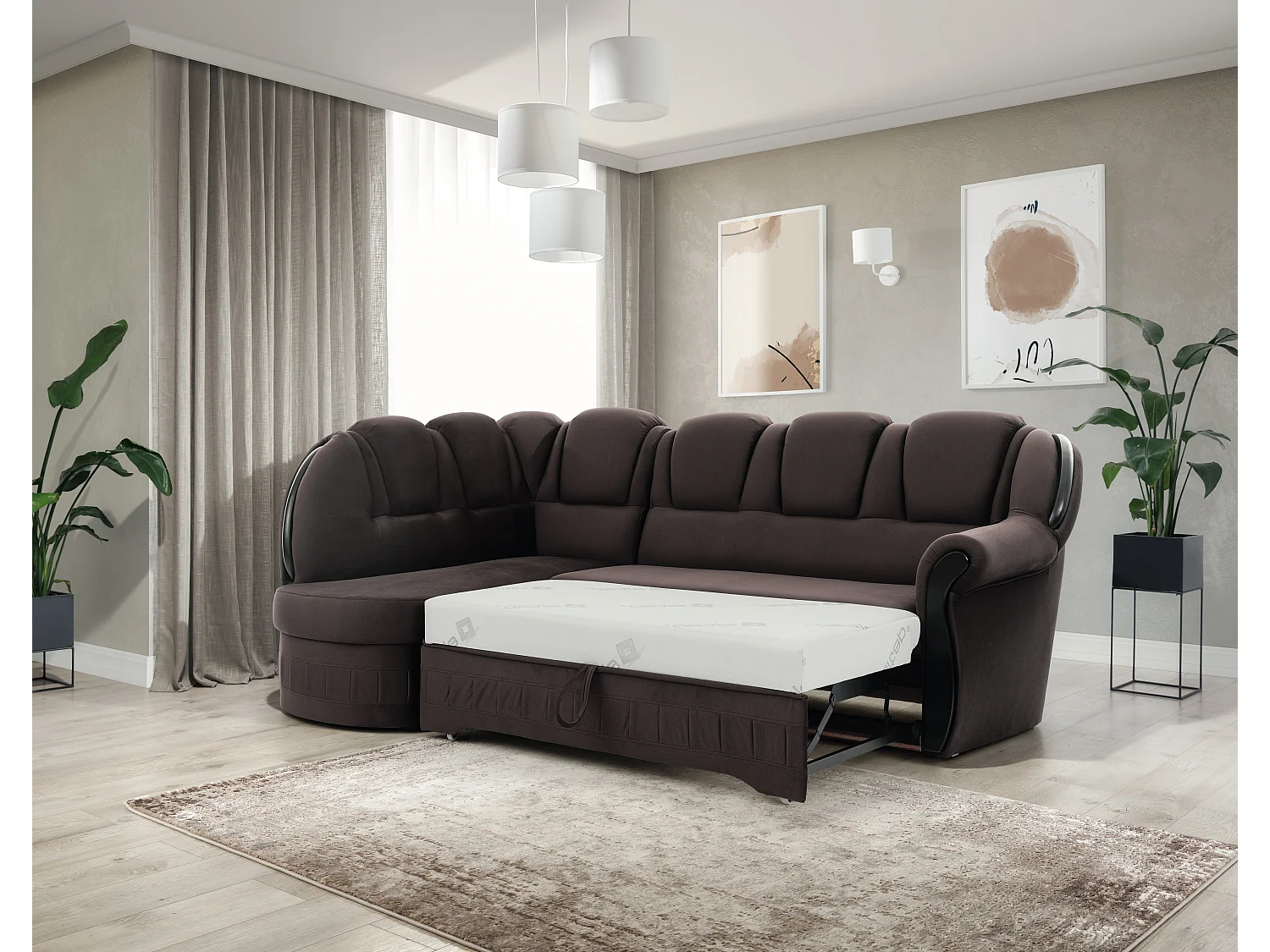 Canapé d'angle convertible avec rangement en velours Majesté-Marron-angle gauche