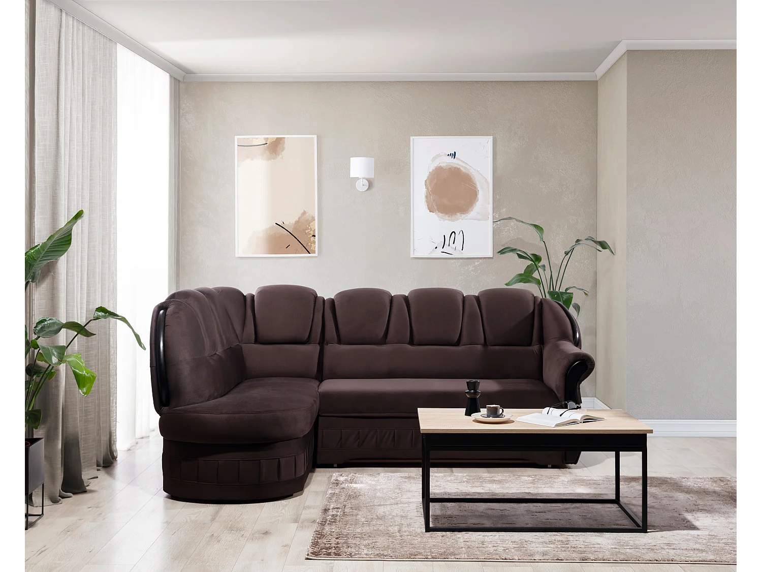 Canapé d'angle convertible avec rangement en velours Majesté-Marron-angle gauche