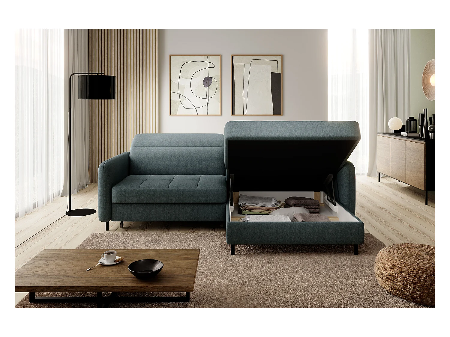 Petit canapé d’angle convertible tissu Kunder-Vert céladon-angle gauche