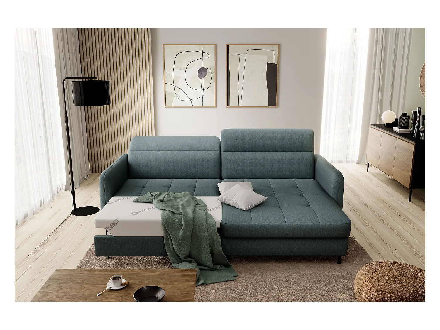 Petit canapé d’angle convertible tissu Kunder-Vert céladon-angle gauche