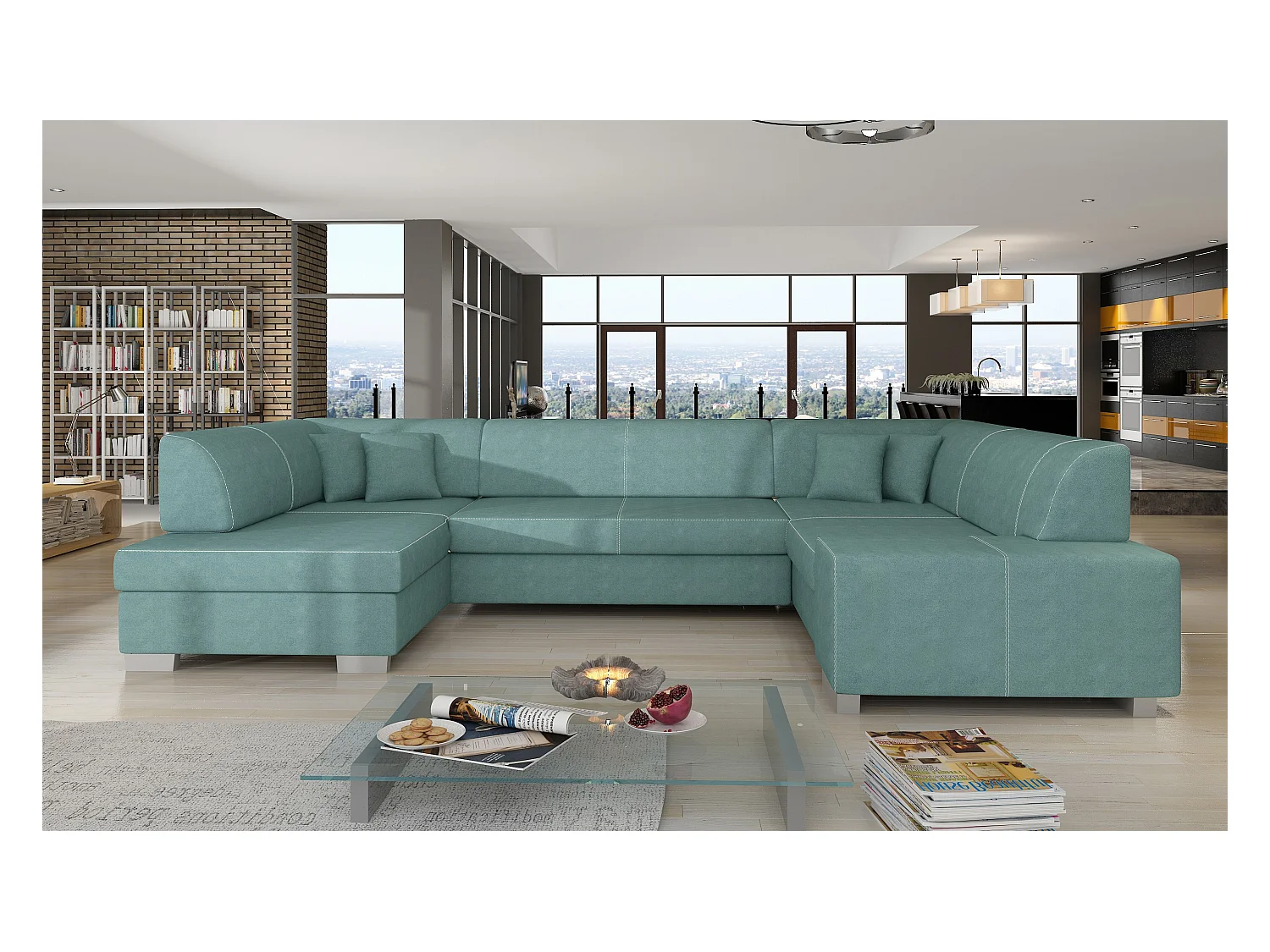 Canapé panoramique convertible HOUSTON en velours avec coffre de rangement-Vert clair-Coffre à gauche