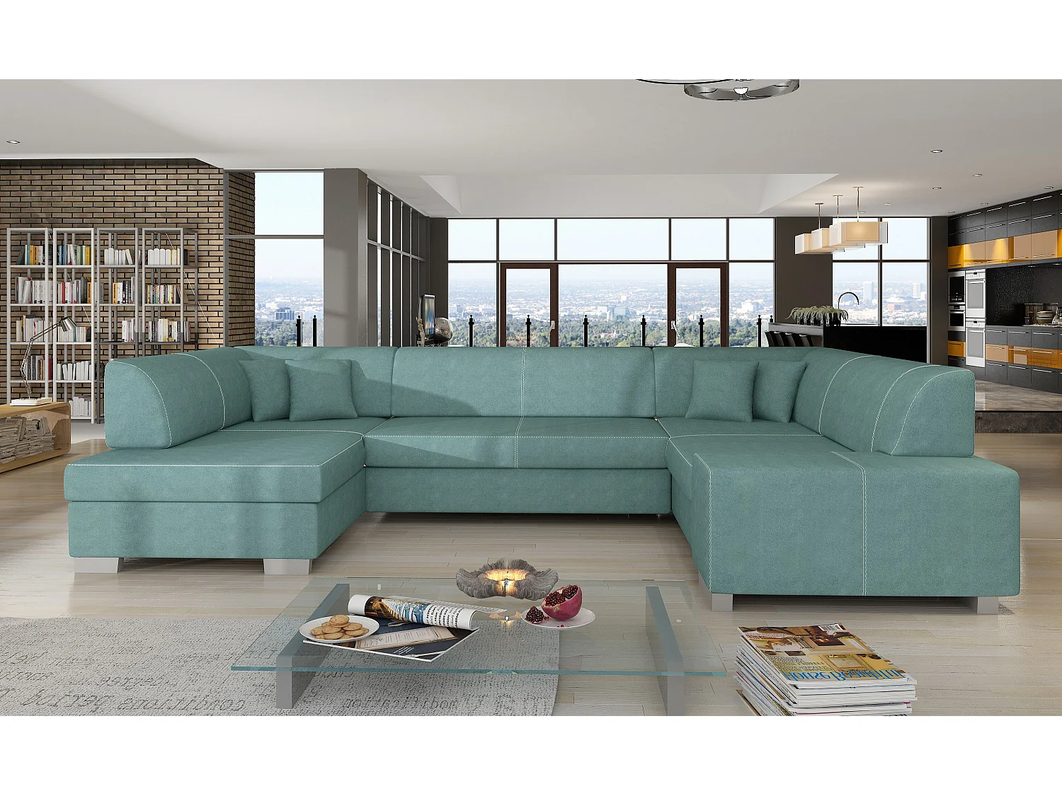 Canapé panoramique convertible HOUSTON en velours avec coffre de rangement-Vert clair-Coffre à gauche