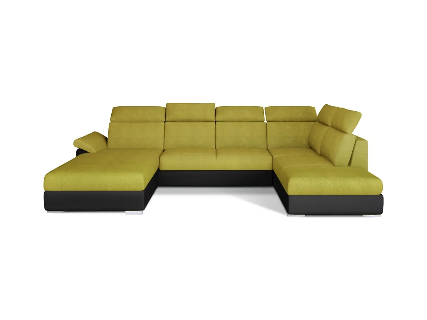 Canapé Convertible Panoramique LEVANO Tissu et Simili Cuir, Têtières-Noir/Jaune olive-Coffre à gauche