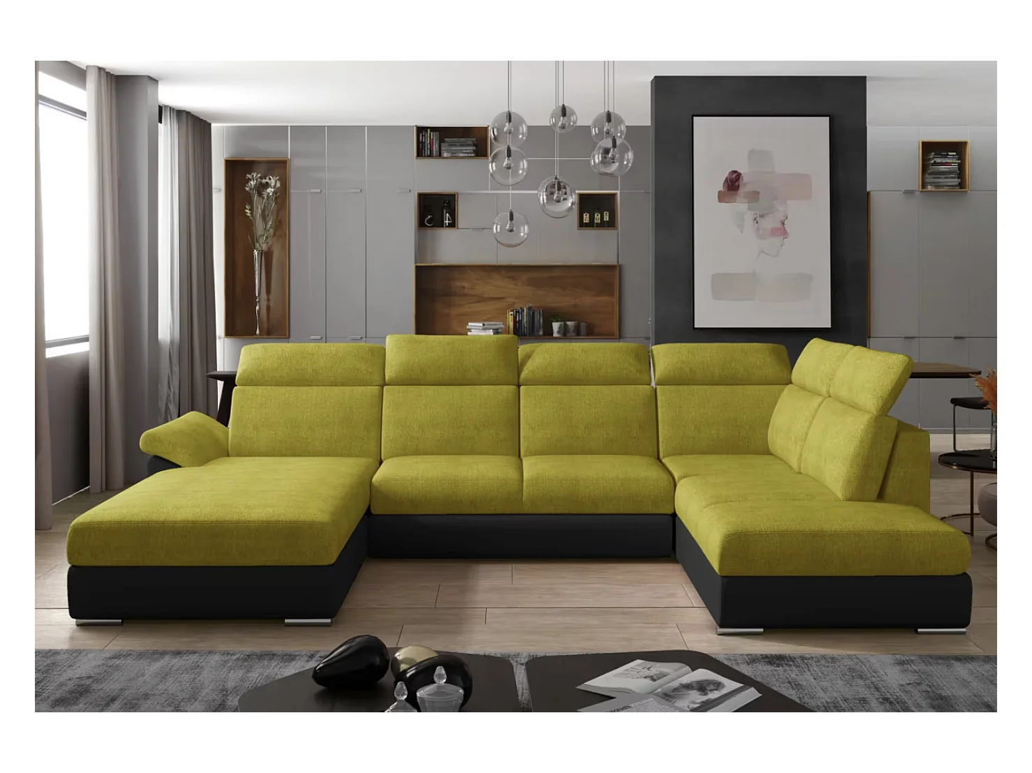 Canapé Convertible Panoramique LEVANO Tissu et Simili Cuir, Têtières-Noir/Jaune olive-Coffre à gauche