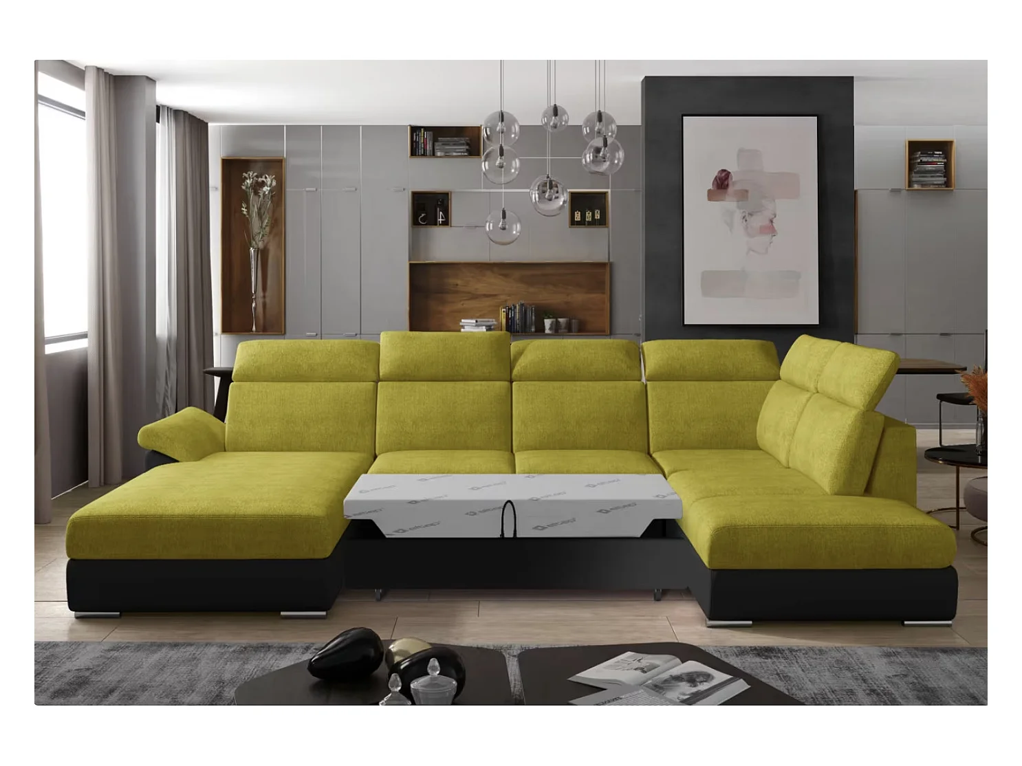 Canapé Convertible Panoramique LEVANO Tissu et Simili Cuir, Têtières-Noir/Jaune olive-Coffre à gauche