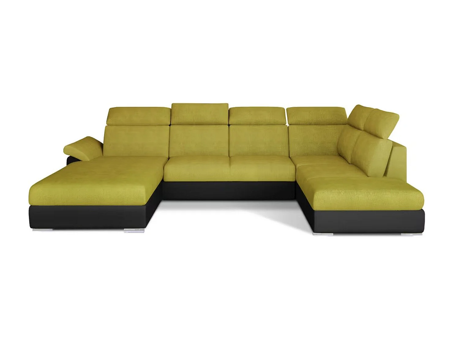 Canapé Convertible Panoramique LEVANO Tissu et Simili Cuir, Têtières-Noir/Jaune olive-Coffre à gauche