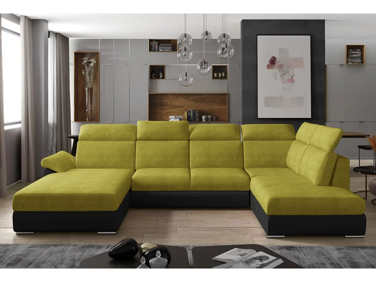 Canapé Convertible Panoramique LEVANO Tissu et Simili Cuir, Têtières-Noir/Jaune olive-Coffre à gauche