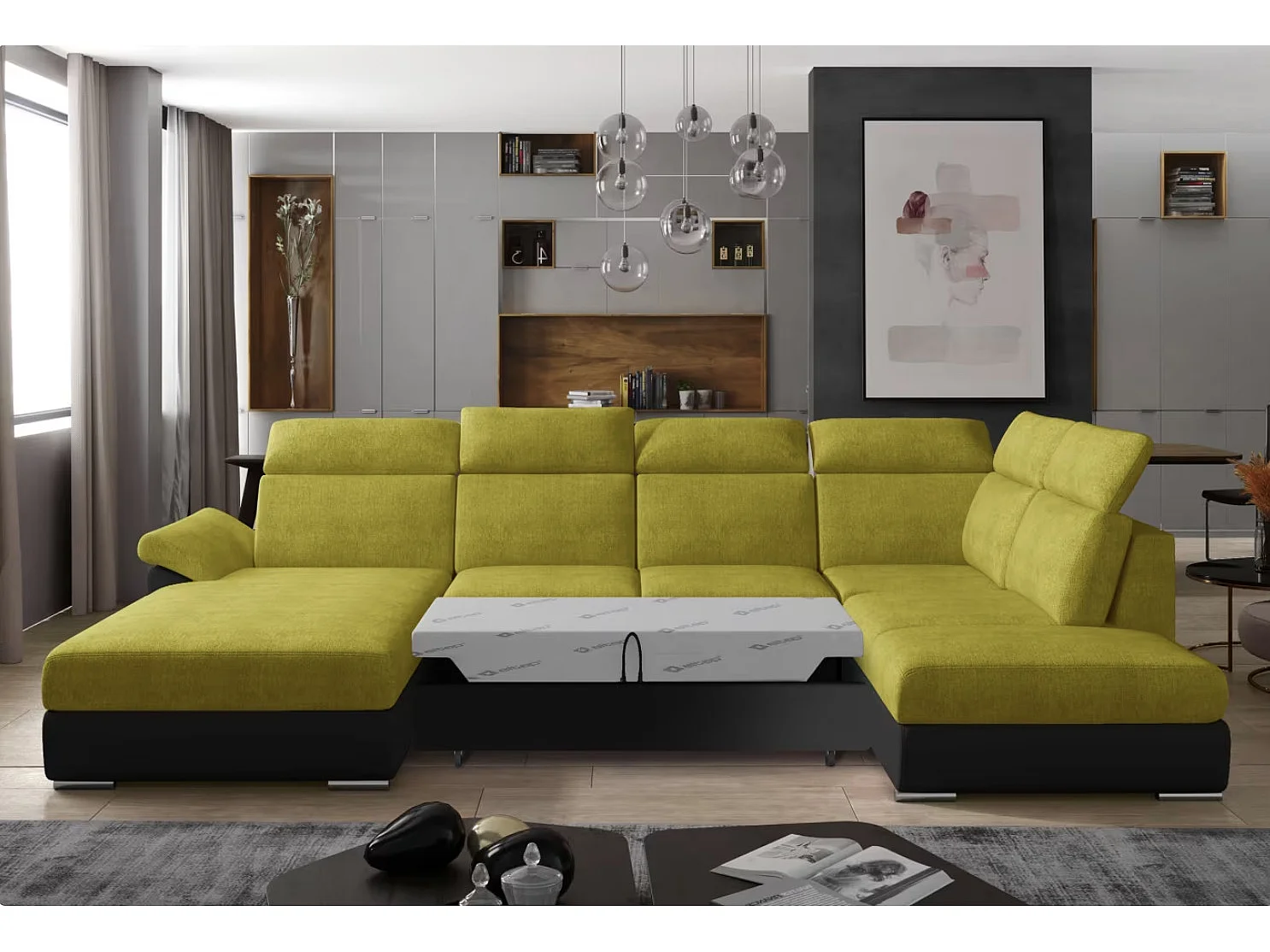 Canapé Convertible Panoramique LEVANO Tissu et Simili Cuir, Têtières-Noir/Jaune olive-Coffre à gauche