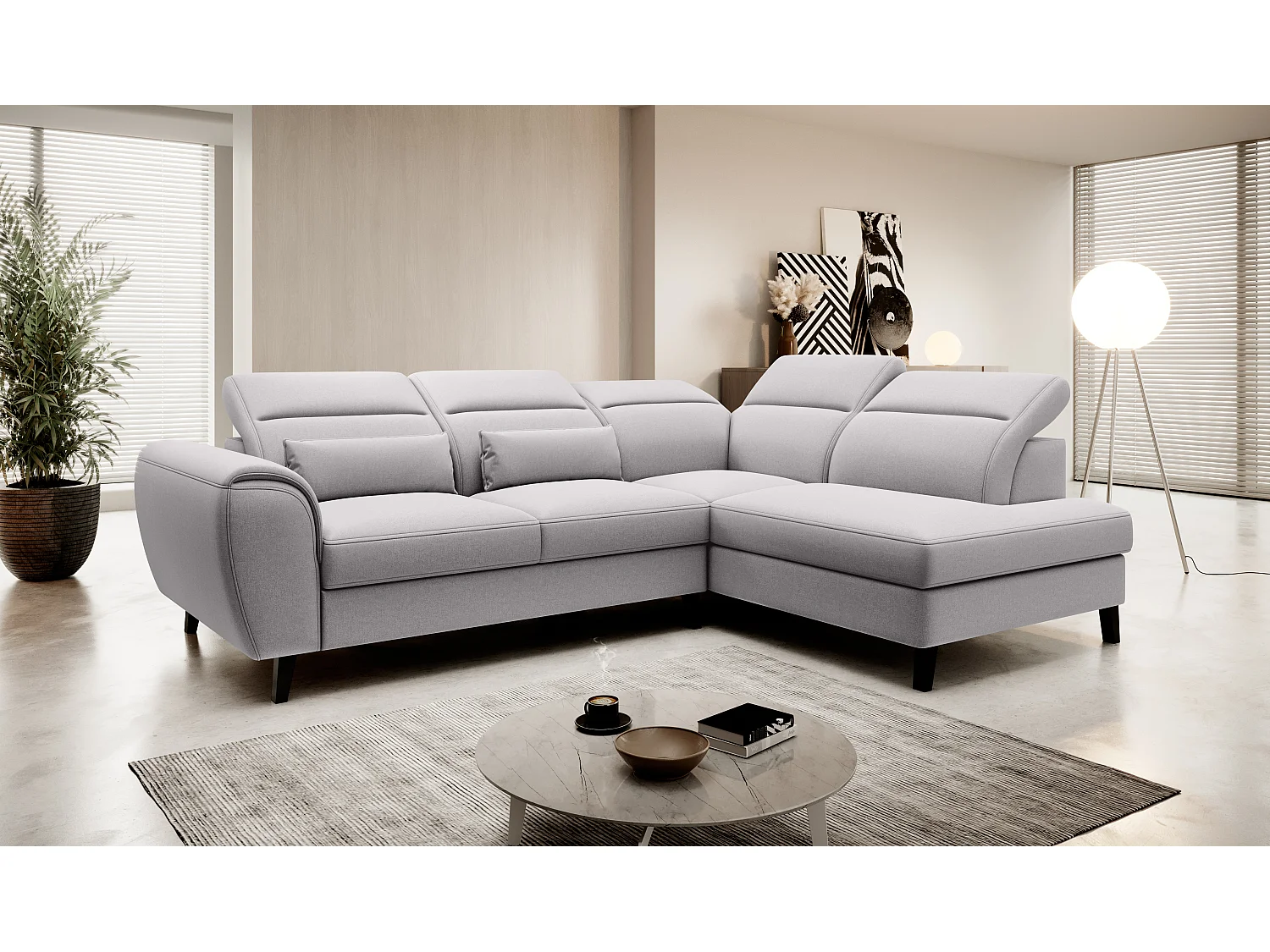 Canapé d'angle convertible avec rangement tissu NOBLESSE - Pieds bois noir-Gris clair-angle droit