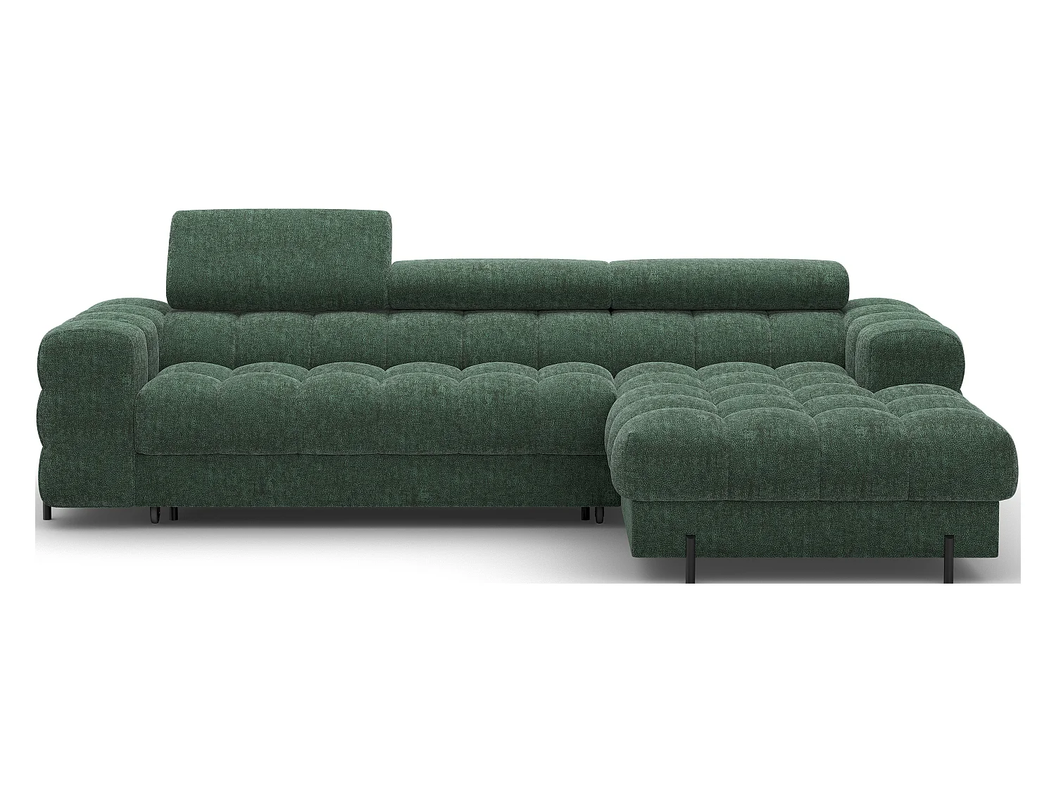 Canapé d’angle convertible tissu appuis-tête réglables KATE – Coffre et pieds métal noir-Vert sapin-angle droit