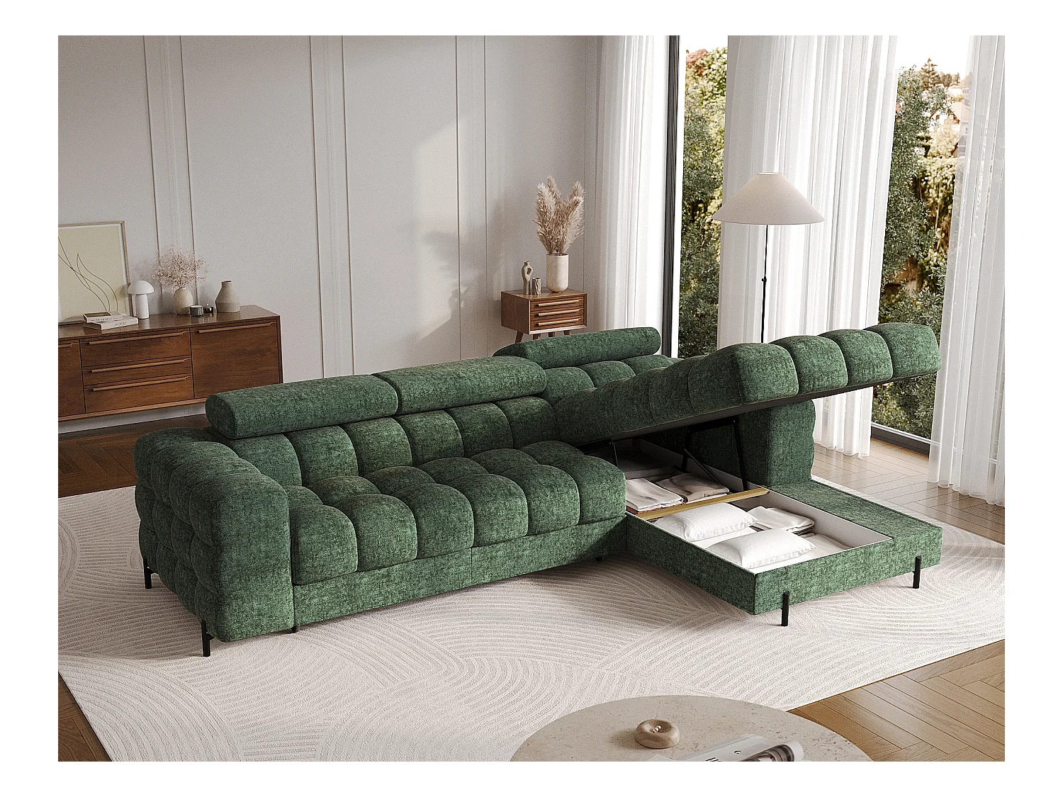 Canapé d’angle convertible tissu appuis-tête réglables KATE – Coffre et pieds métal noir-Vert sapin-angle droit