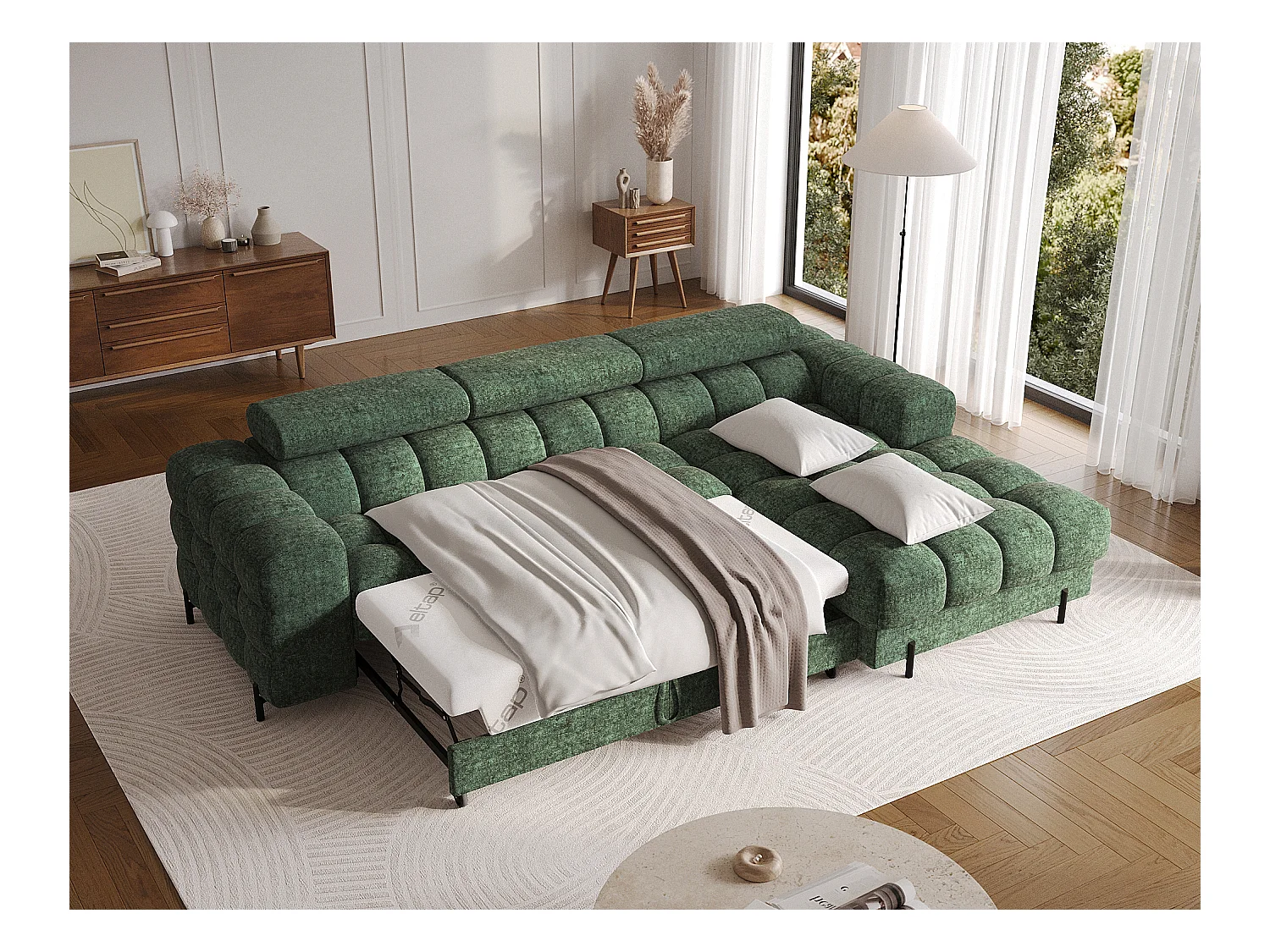 Canapé d’angle convertible tissu appuis-tête réglables KATE – Coffre et pieds métal noir-Vert sapin-angle droit