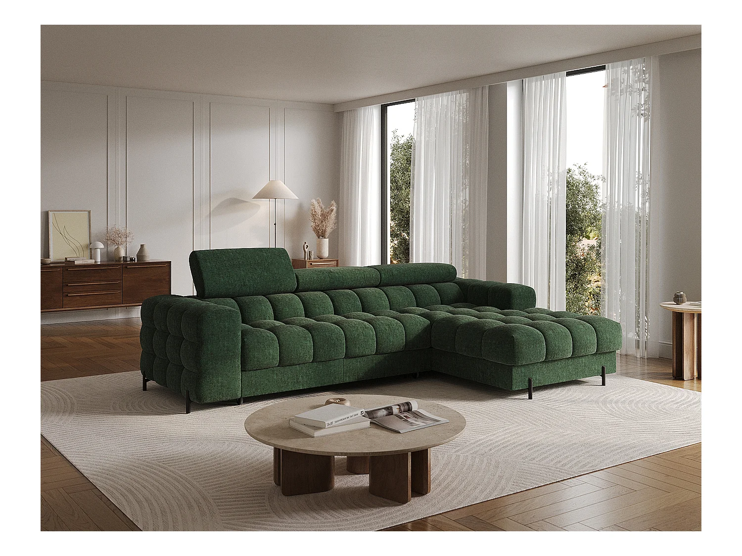 Canapé d’angle convertible tissu appuis-tête réglables KATE – Coffre et pieds métal noir-Vert sapin-angle droit