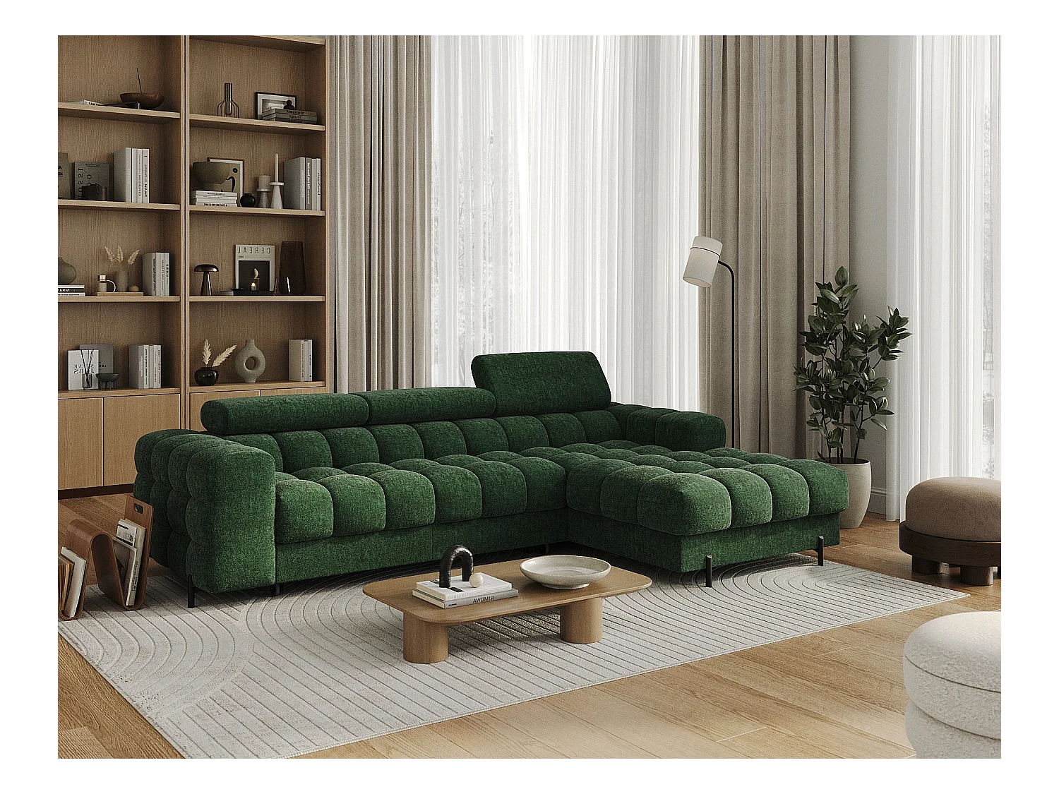 Canapé d’angle convertible tissu appuis-tête réglables KATE – Coffre et pieds métal noir-Vert sapin-angle droit