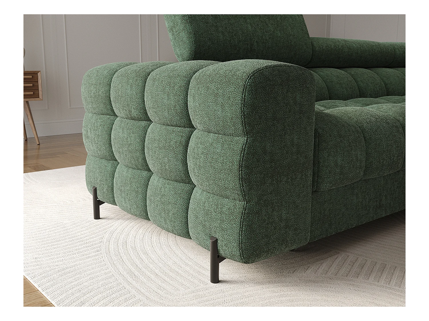 Canapé d’angle convertible tissu appuis-tête réglables KATE – Coffre et pieds métal noir-Vert sapin-angle droit