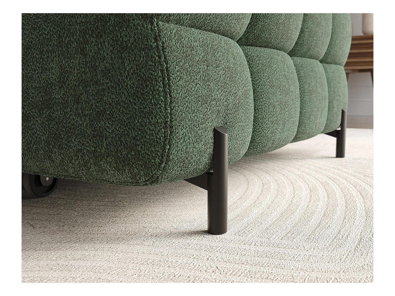 Canapé d’angle convertible tissu appuis-tête réglables KATE – Coffre et pieds métal noir-Vert sapin-angle droit