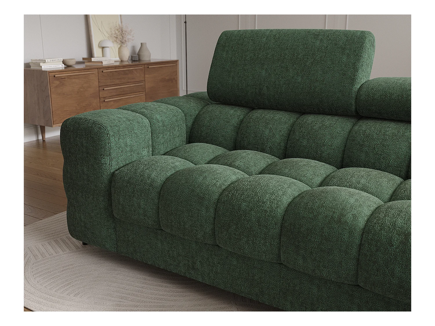 Canapé d’angle convertible tissu appuis-tête réglables KATE – Coffre et pieds métal noir-Vert sapin-angle droit