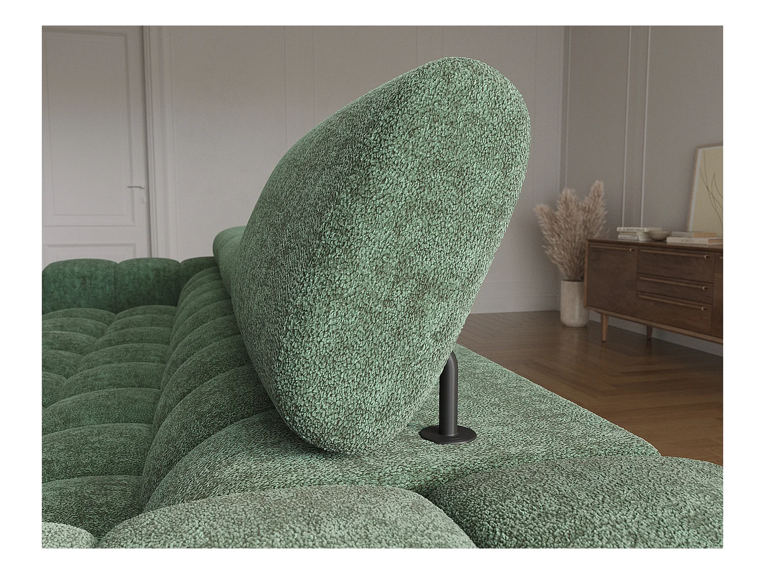 Canapé d’angle convertible tissu appuis-tête réglables KATE – Coffre et pieds métal noir-Vert sapin-angle droit