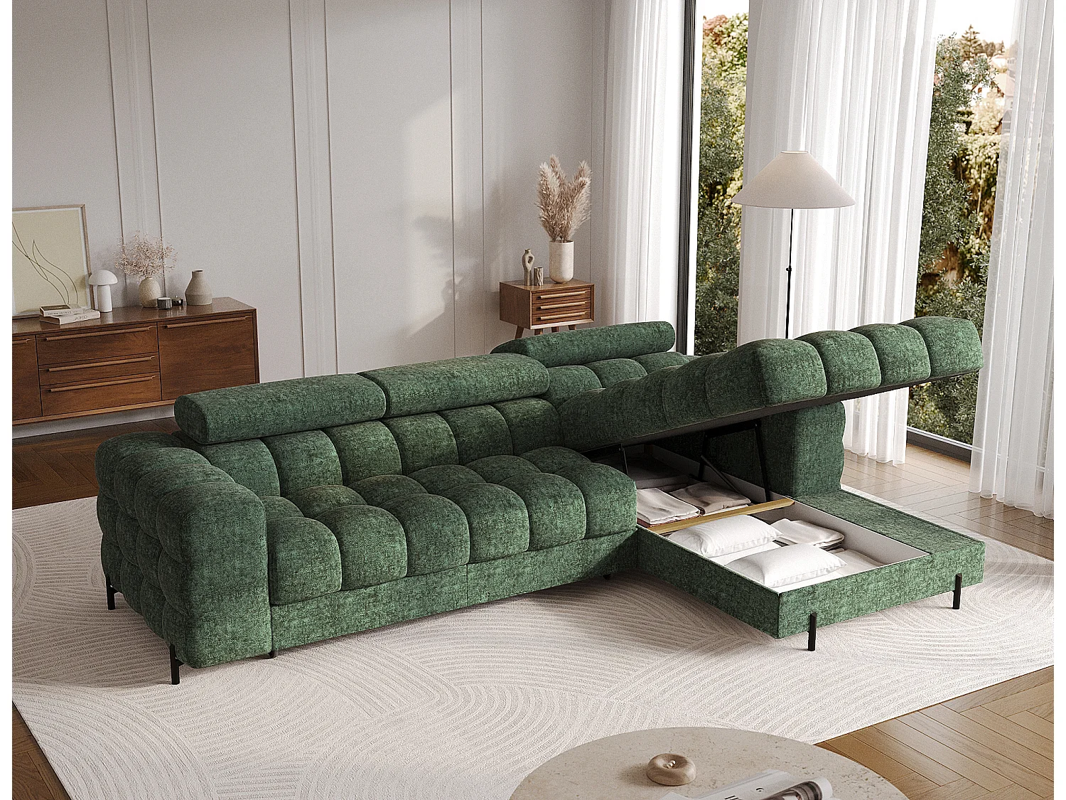 Canapé d’angle convertible tissu appuis-tête réglables KATE – Coffre et pieds métal noir-Vert sapin-angle droit