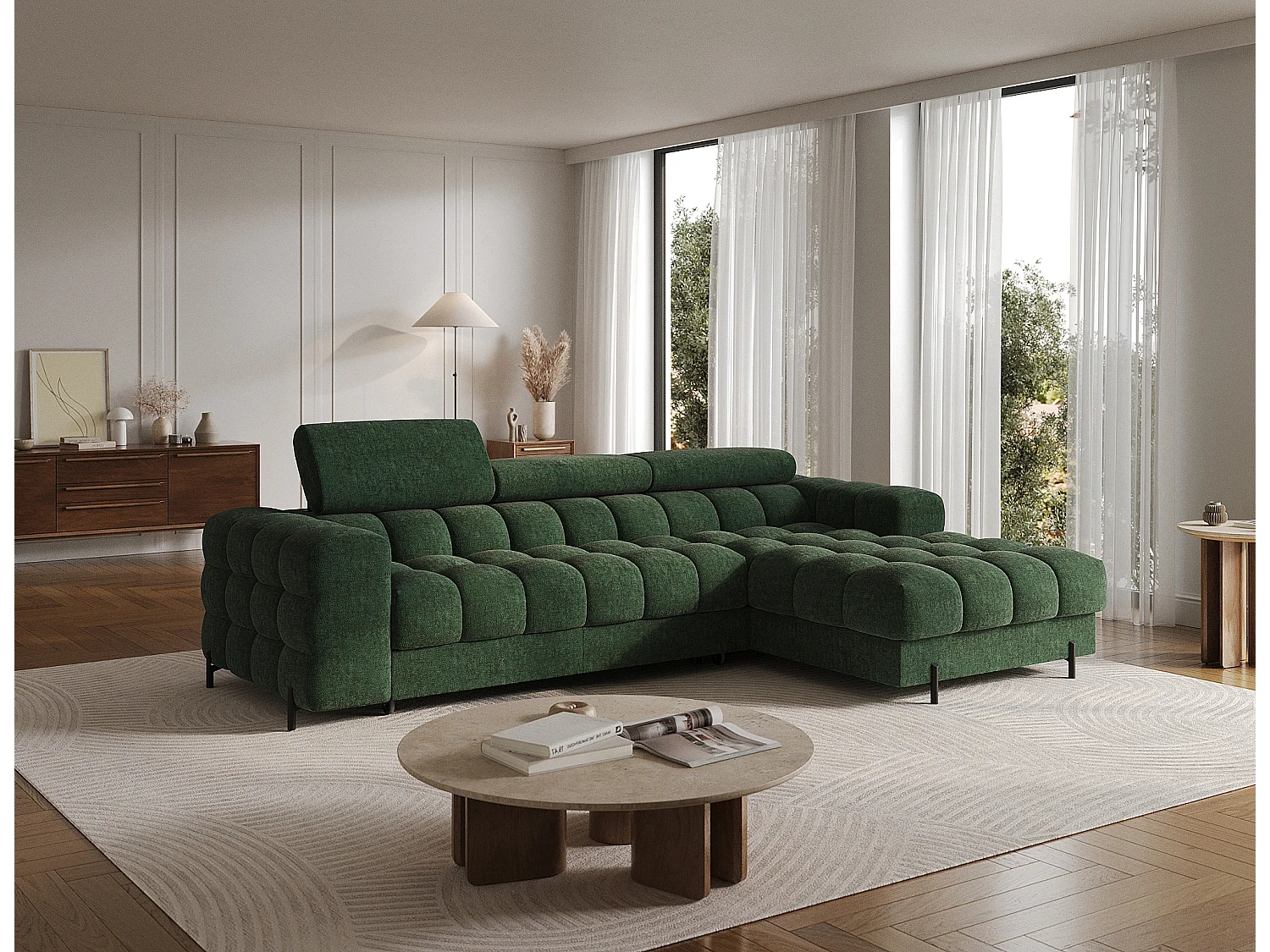 Canapé d’angle convertible tissu appuis-tête réglables KATE – Coffre et pieds métal noir-Vert sapin-angle droit