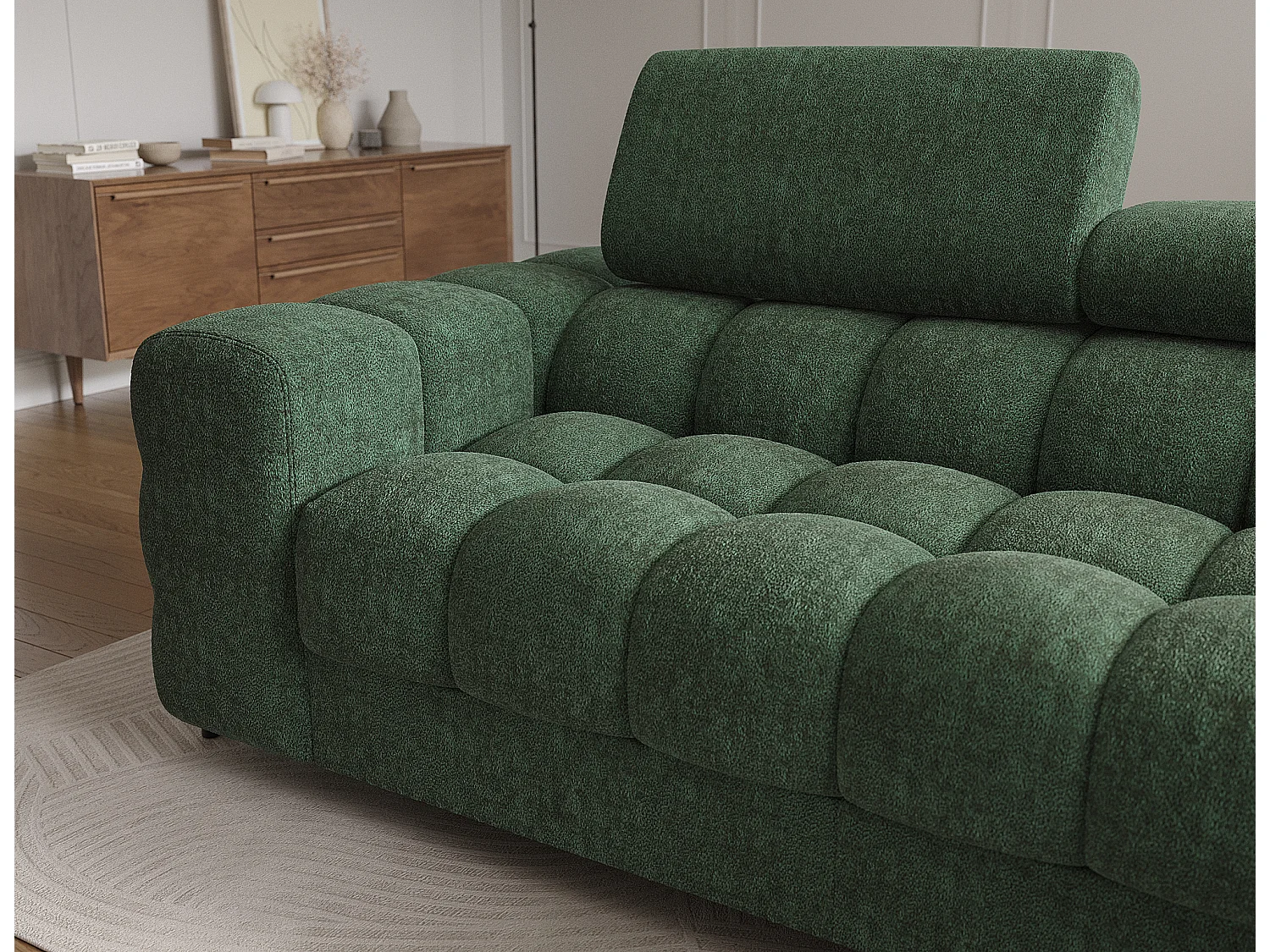 Canapé d’angle convertible tissu appuis-tête réglables KATE – Coffre et pieds métal noir-Vert sapin-angle droit