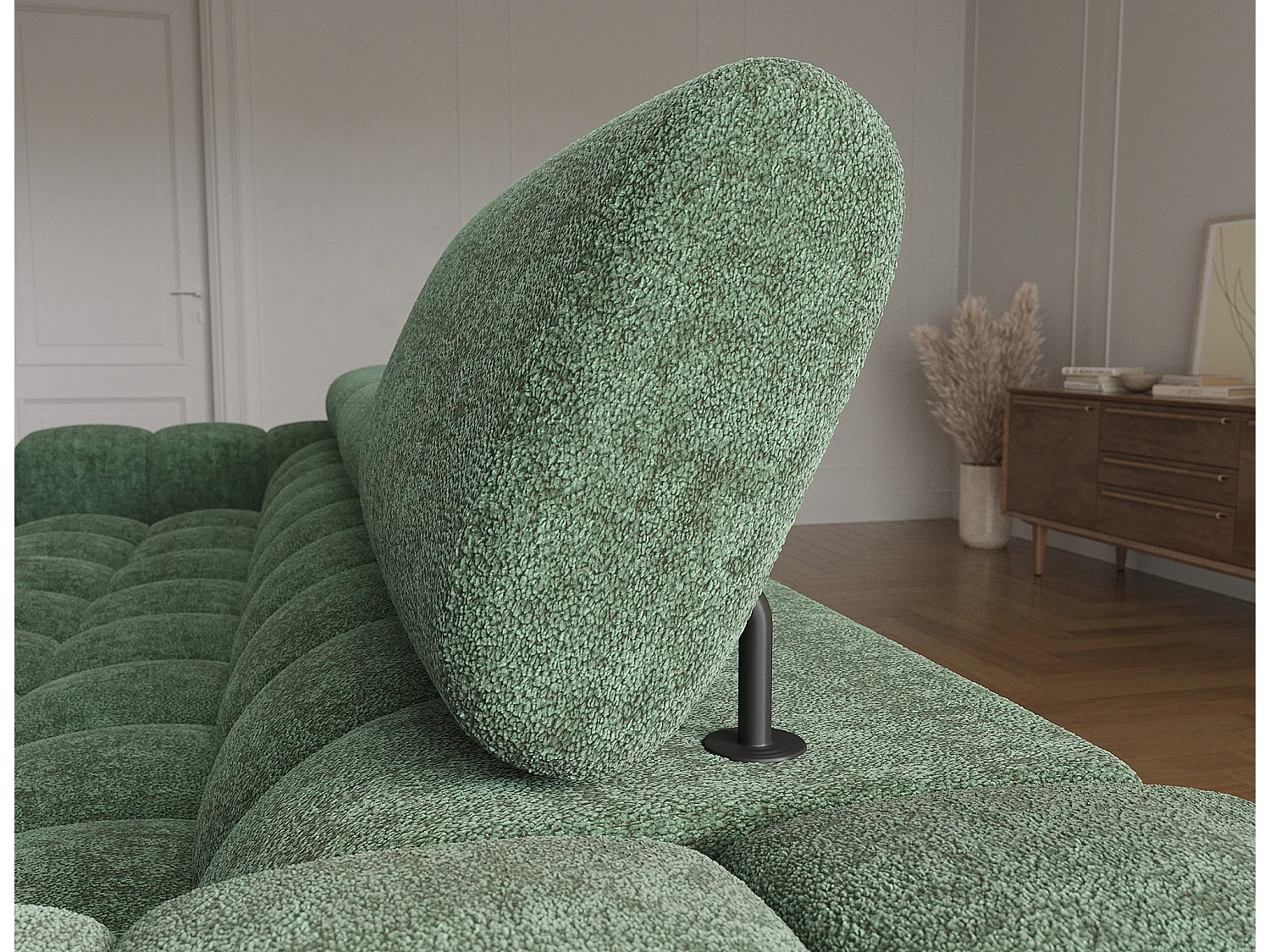 Canapé d’angle convertible tissu appuis-tête réglables KATE – Coffre et pieds métal noir-Vert sapin-angle droit