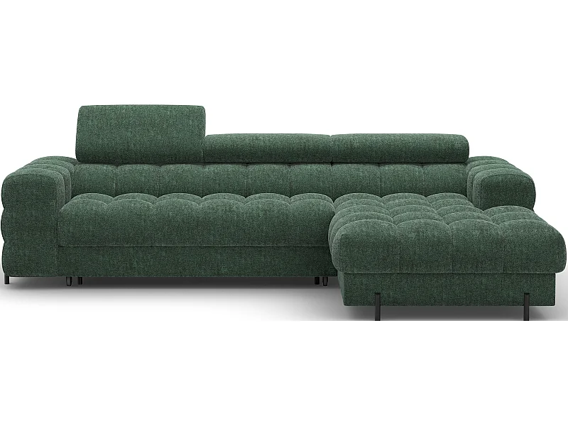 Canapé d’angle convertible tissu appuis-tête réglables KATE – Coffre et pieds métal noir-Vert sapin-angle droit