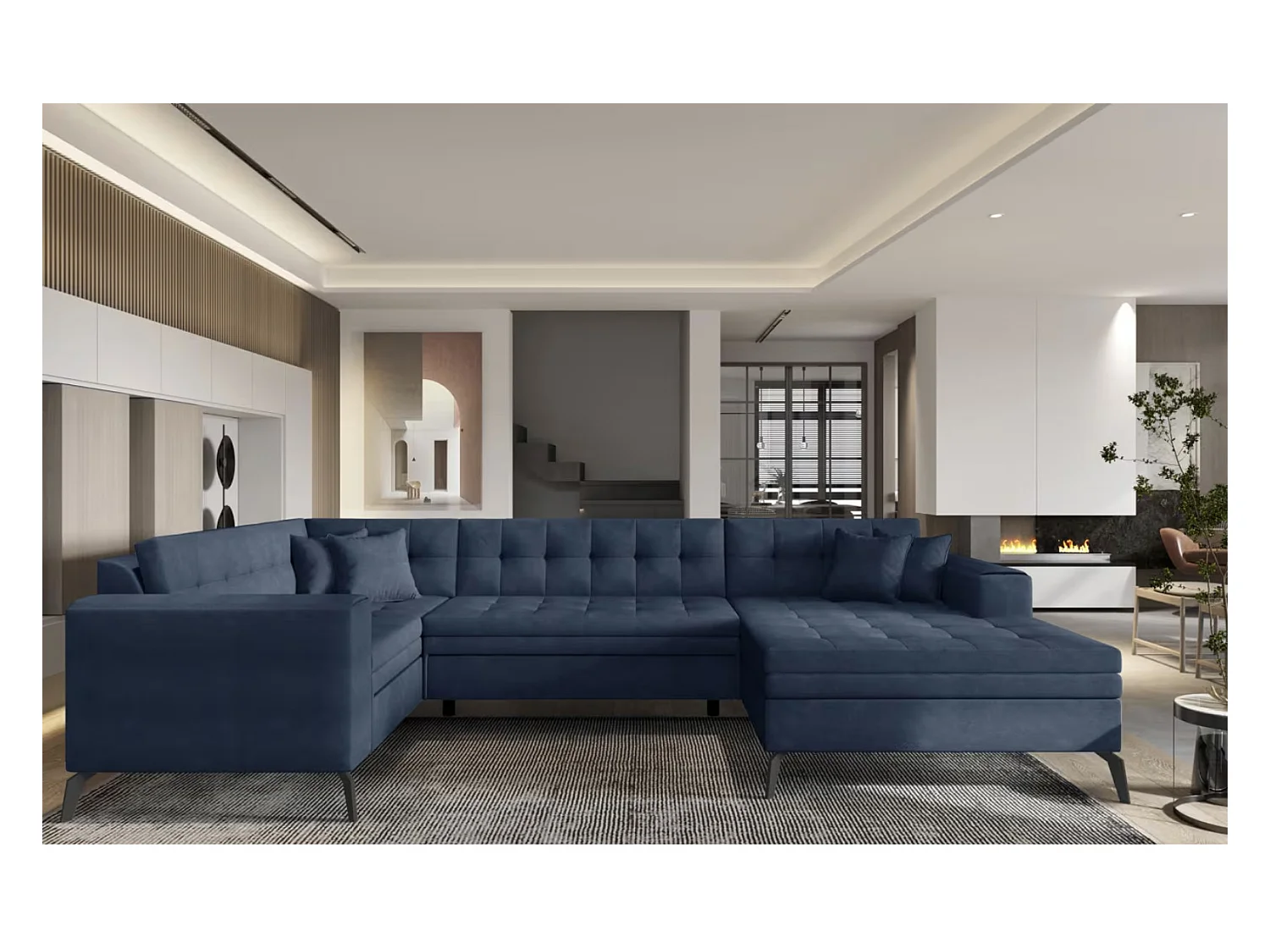 Canapé panoramique convertible BONTY tissu matelassé-Bleu turquin-Méridienne A droite