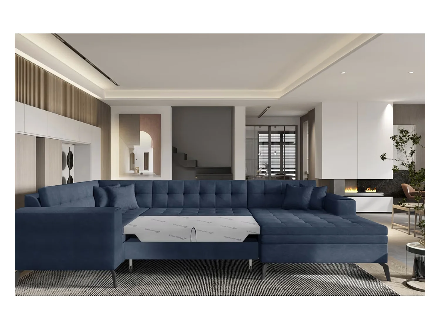 Canapé panoramique convertible BONTY tissu matelassé-Bleu turquin-Méridienne A droite