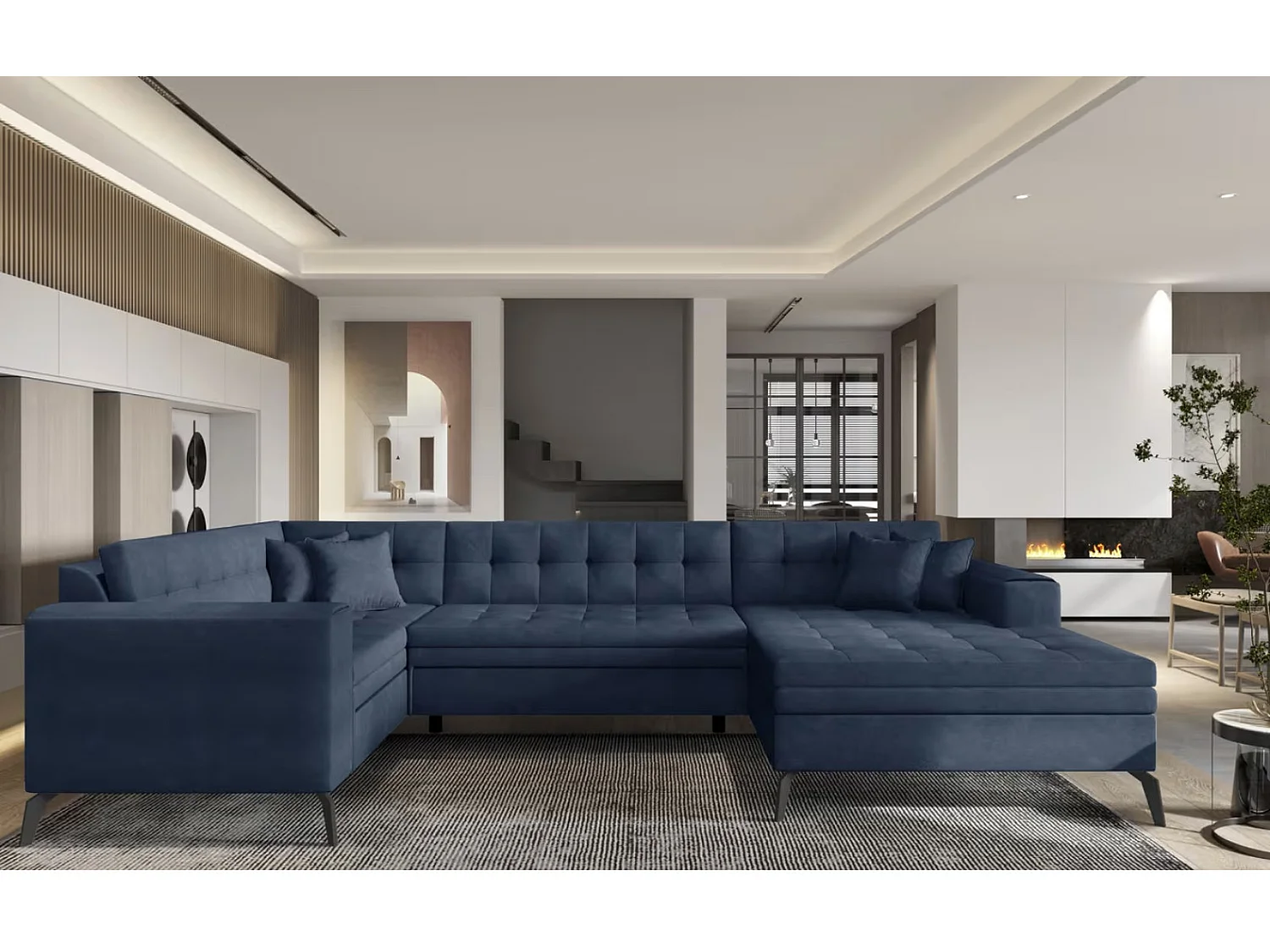 Canapé panoramique convertible BONTY tissu matelassé-Bleu turquin-Méridienne A droite