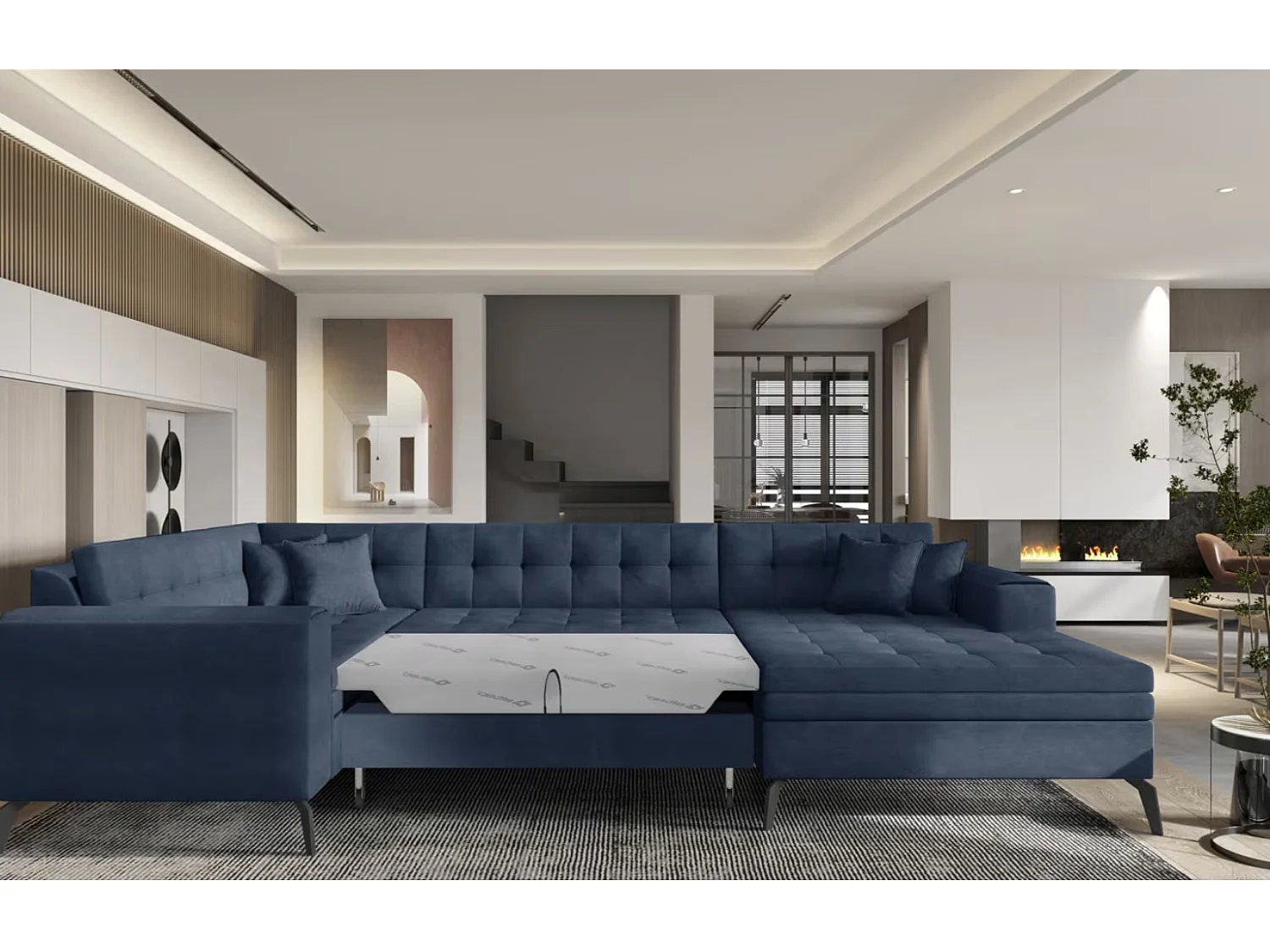 Canapé panoramique convertible BONTY tissu matelassé-Bleu turquin-Méridienne A droite