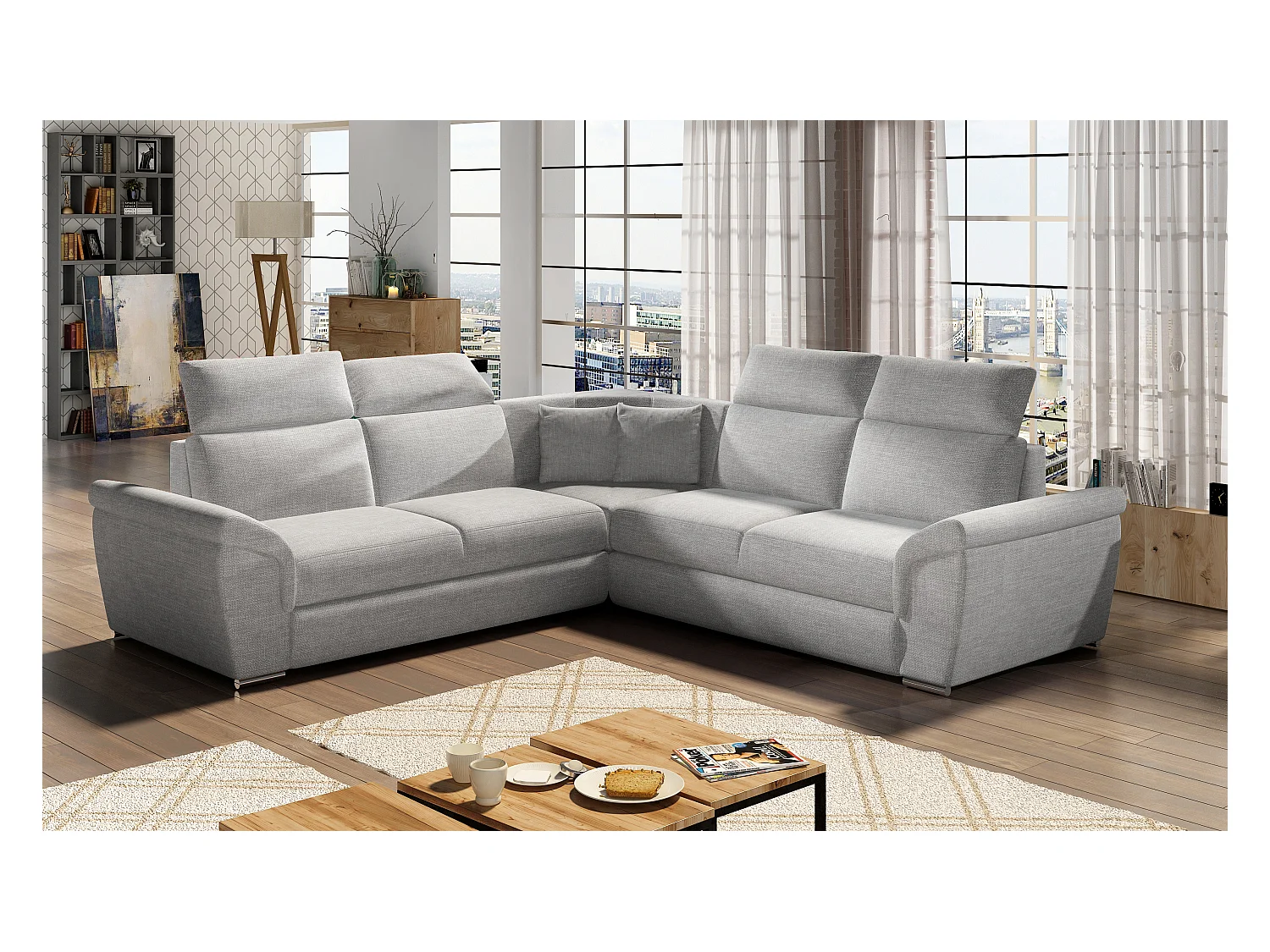 Canapé d'angle réversible et convertible tissu Neo - Pieds acier chromé-Gris clair