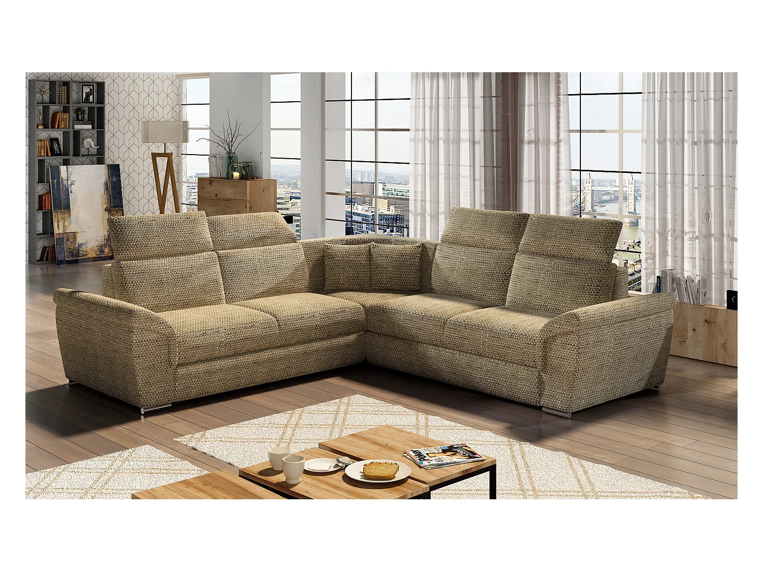 Canapé d'angle réversible et convertible tissu Neo - Pieds acier chromé-Gris clair