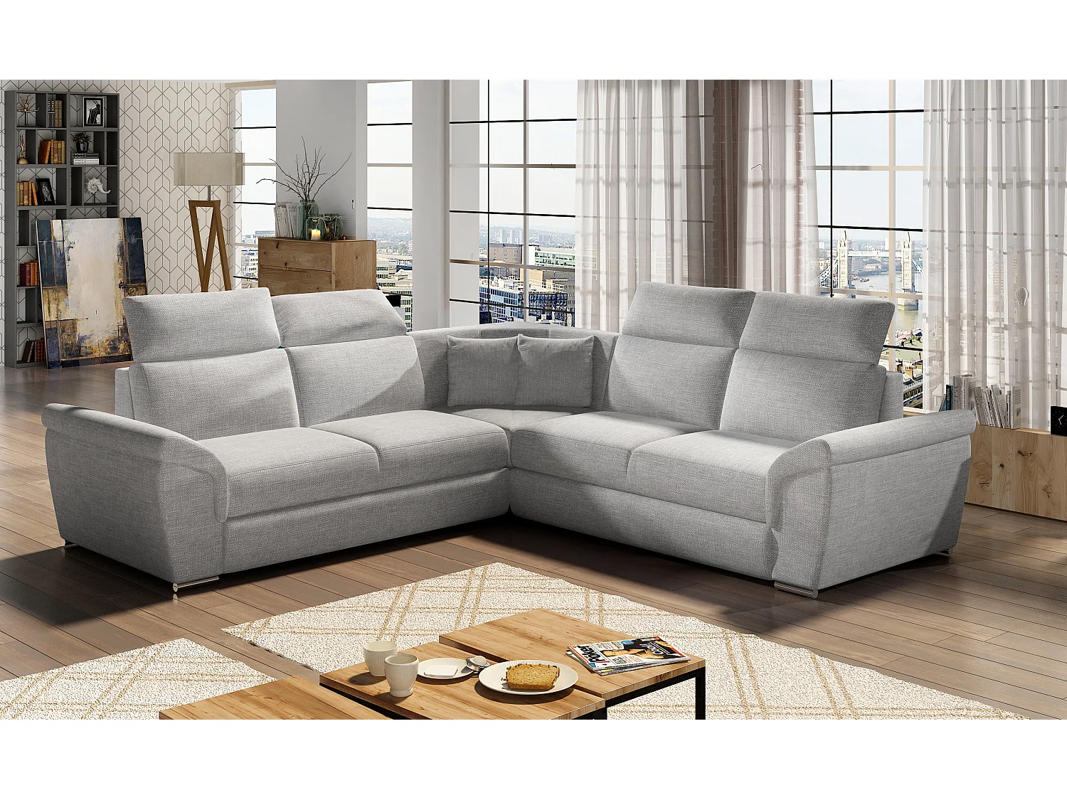 Canapé d'angle réversible et convertible tissu Neo - Pieds acier chromé-Gris clair