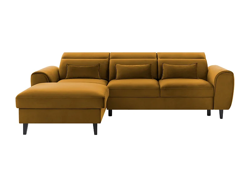 Canapé d'angle convertible velours appuis-tête réglables ASTORIA - Coffre et pieds bois noir-Jaune chamoix-angle gauche