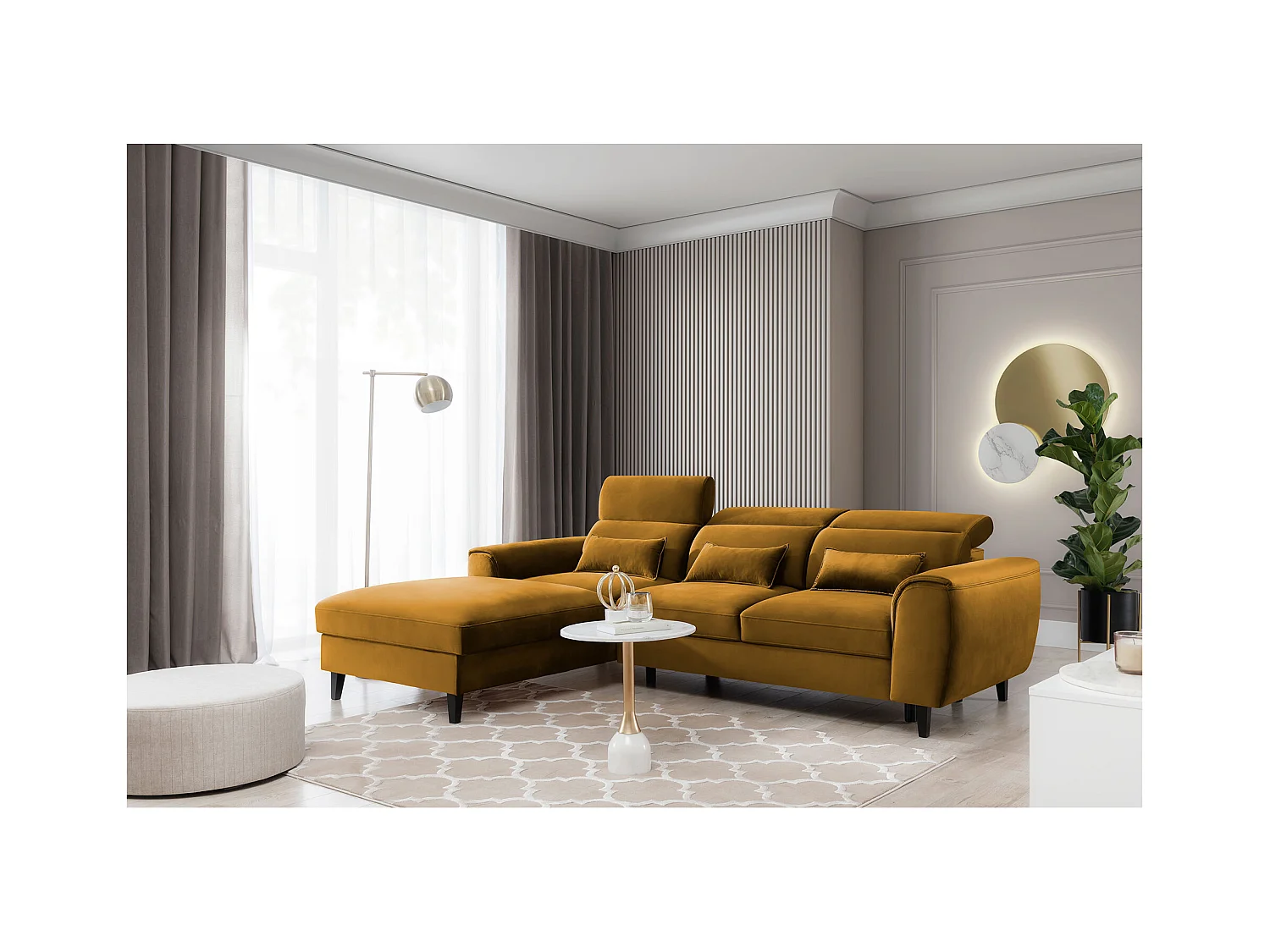 Canapé d'angle convertible velours appuis-tête réglables ASTORIA - Coffre et pieds bois noir-Jaune chamoix-angle gauche