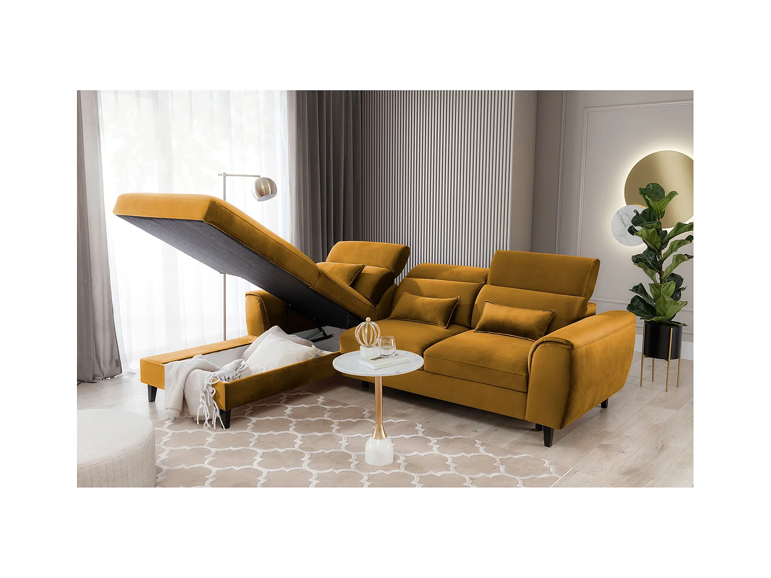 Canapé d'angle convertible velours appuis-tête réglables ASTORIA - Coffre et pieds bois noir-Jaune chamoix-angle gauche