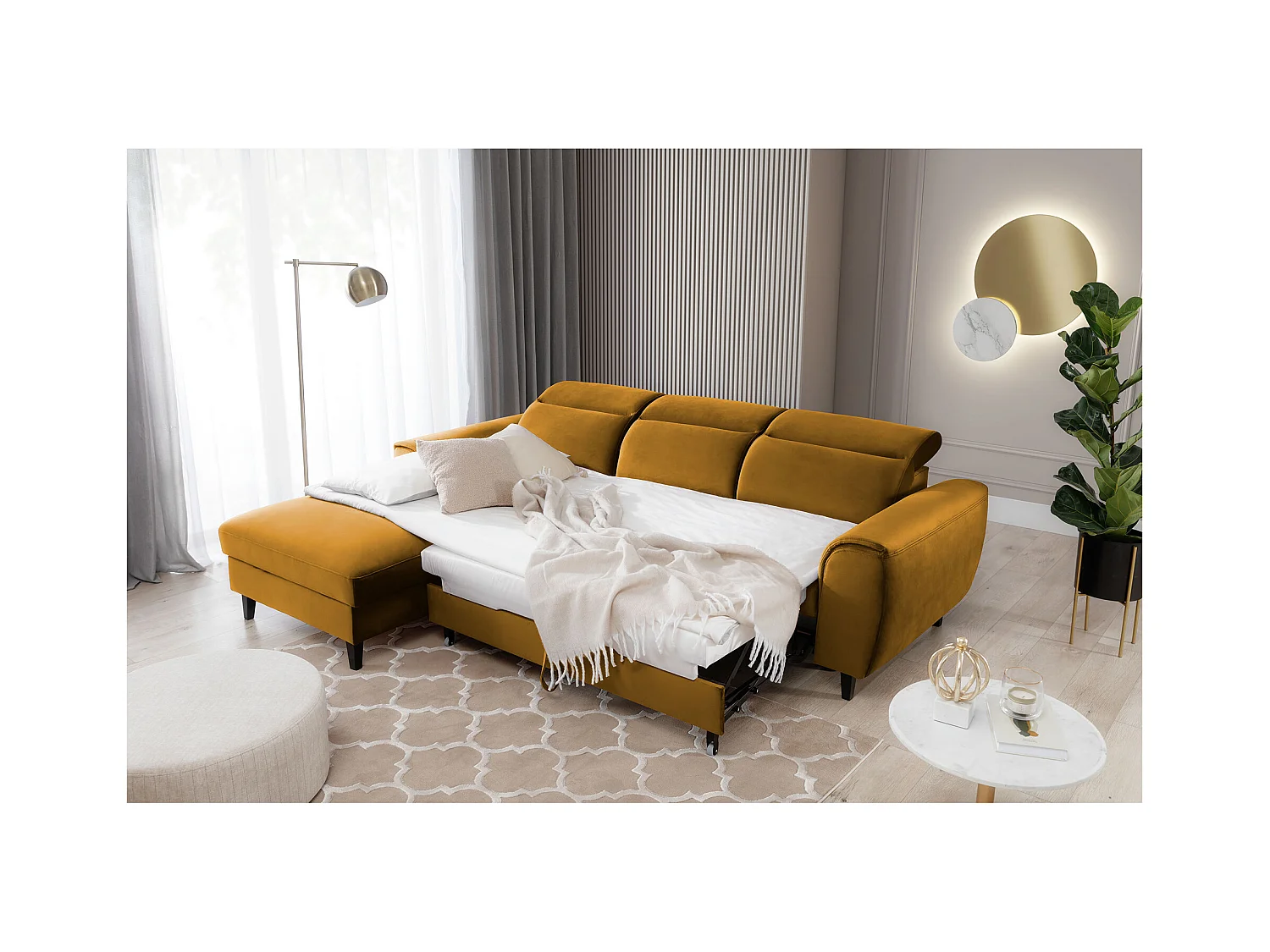 Canapé d'angle convertible velours appuis-tête réglables ASTORIA - Coffre et pieds bois noir-Jaune chamoix-angle gauche