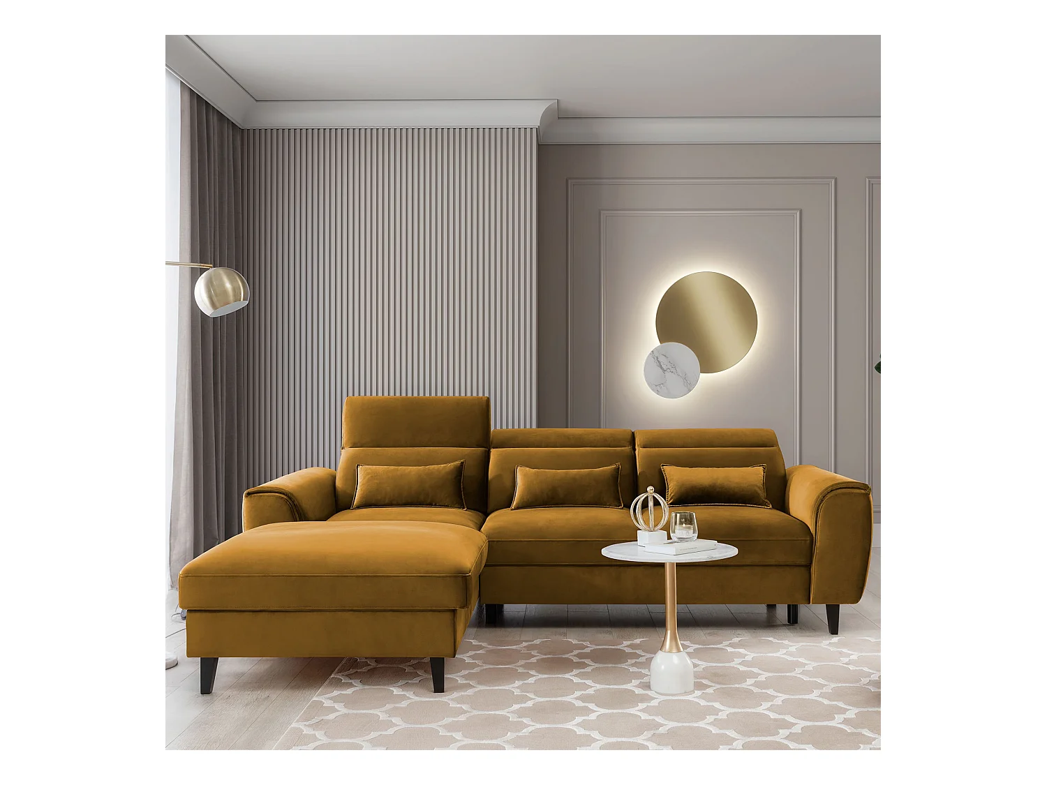 Canapé d'angle convertible velours appuis-tête réglables ASTORIA - Coffre et pieds bois noir-Jaune chamoix-angle gauche