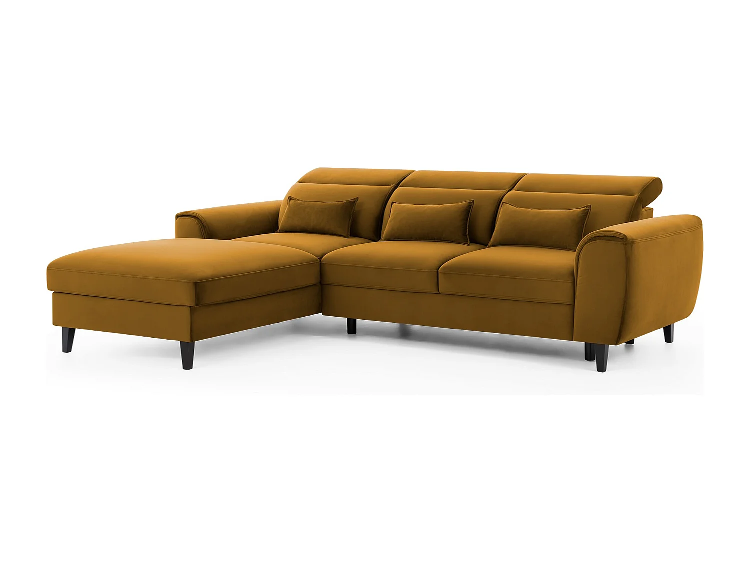 Canapé d'angle convertible velours appuis-tête réglables ASTORIA - Coffre et pieds bois noir-Jaune chamoix-angle gauche