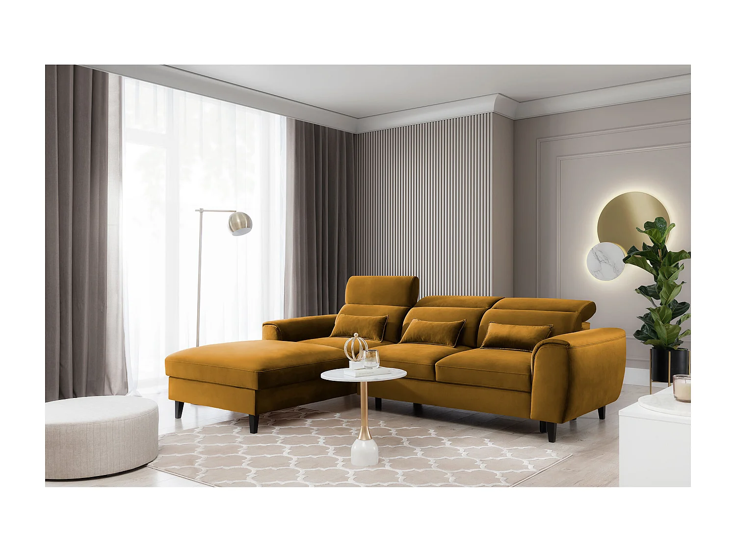 Canapé d'angle convertible velours appuis-tête réglables ASTORIA - Coffre et pieds bois noir-Jaune chamoix-angle gauche