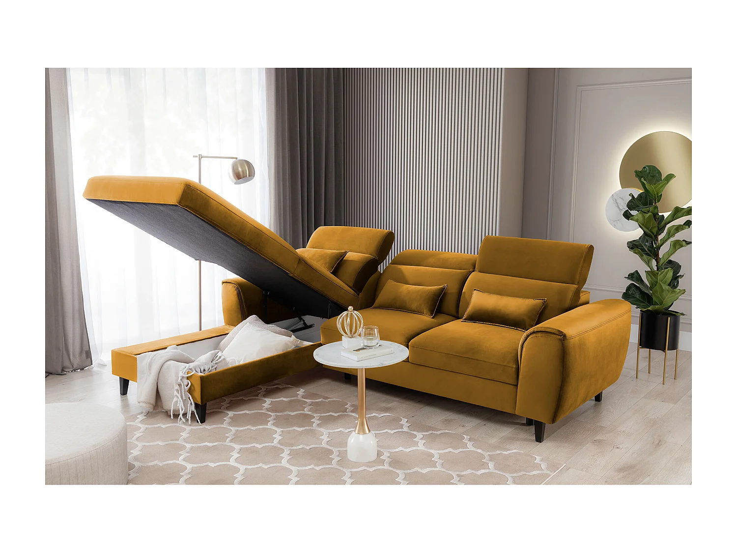 Canapé d'angle convertible velours appuis-tête réglables ASTORIA - Coffre et pieds bois noir-Jaune chamoix-angle gauche