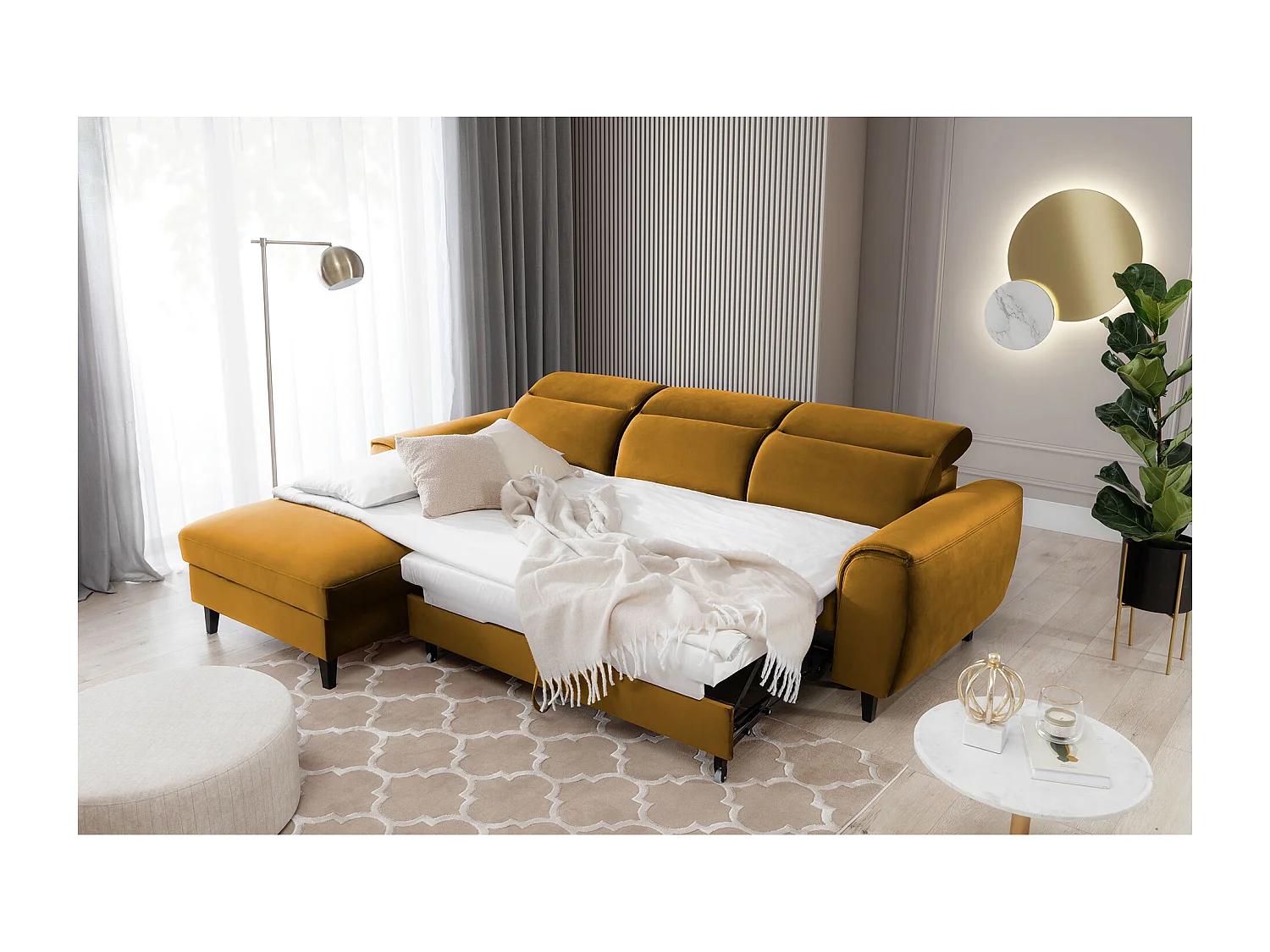 Canapé d'angle convertible velours appuis-tête réglables ASTORIA - Coffre et pieds bois noir-Jaune chamoix-angle gauche